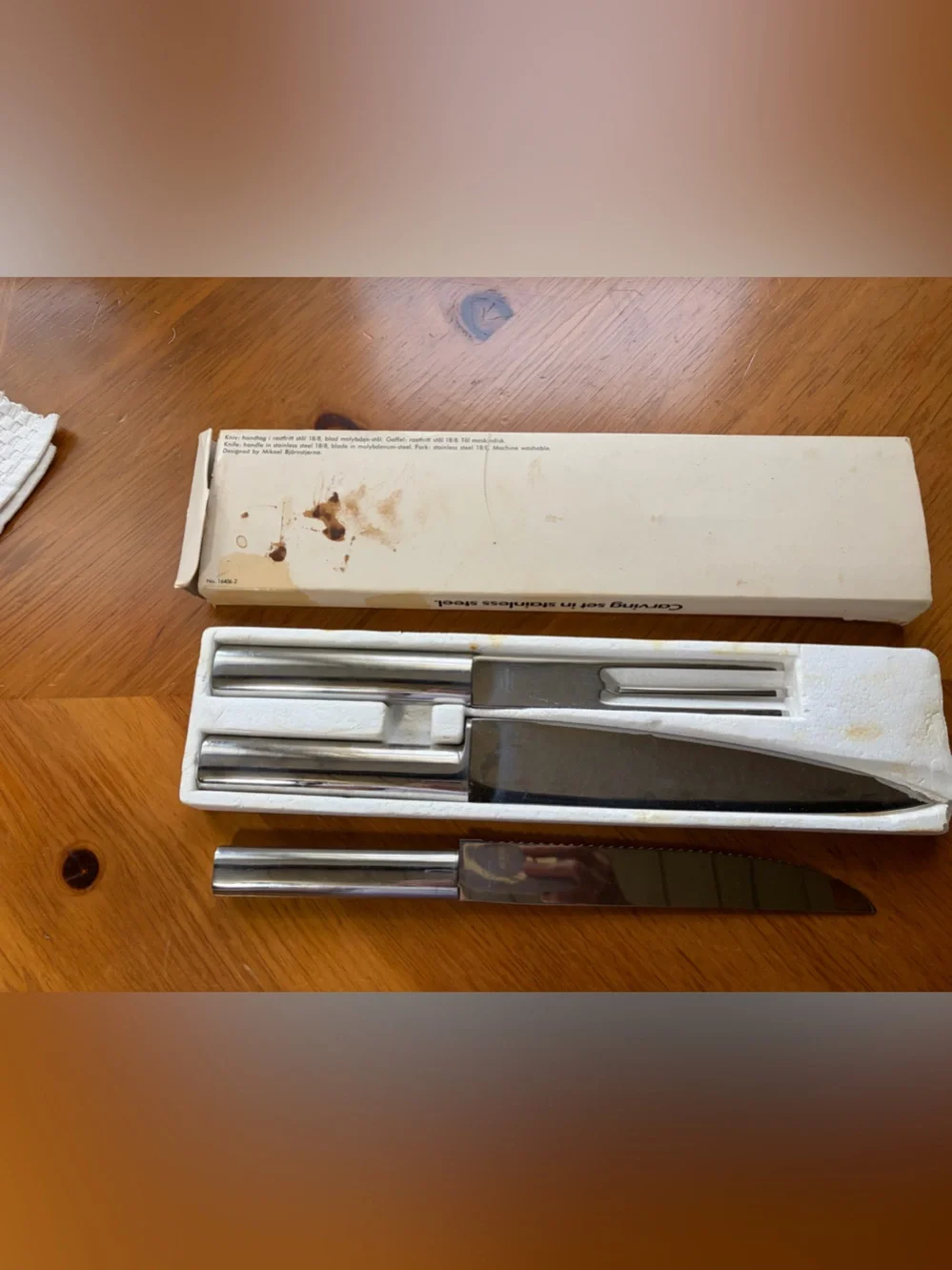 BodaNova 3-piece set: meat knife and fork, and a serrated utility knife.vintage